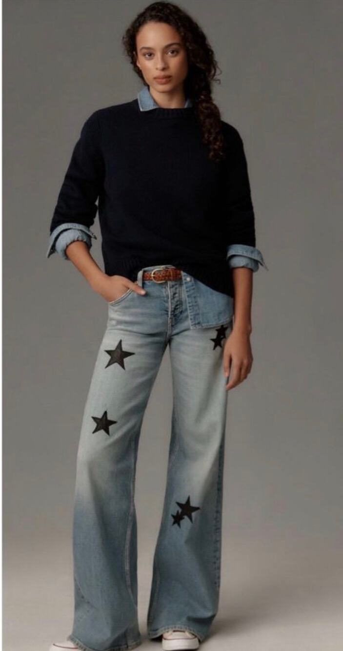 RE/DONE Wide Leg Star Embellished Patch Mid Rise Jeans 25 Light Wash Denim USA